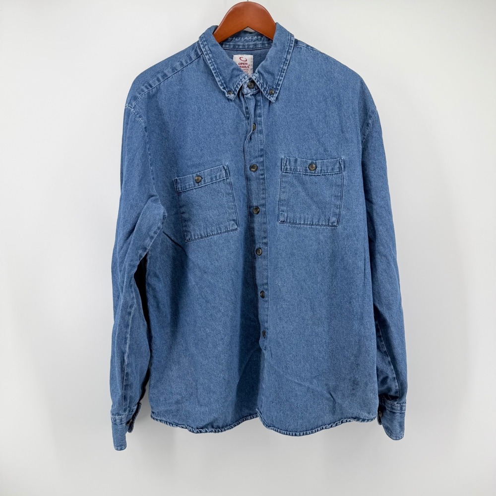 Open Trails Mens XL Denim Button Down Shirt Blue Vintage Rugged Workwear